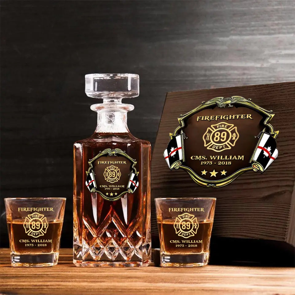 Personalized Canadian Firefighter Logo Custom Name & Time Decanter Set With Glasses Printed AHVA251558
