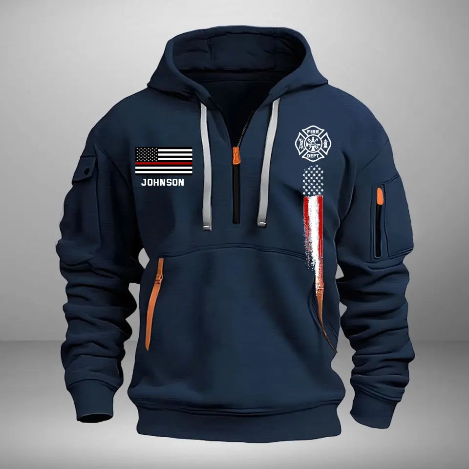Personalized US Firefighter Flag Custom Name Quarter Zip Hoodie 2D Printed QTVQ241568