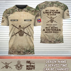 Personalized My Time In Uniform Is Over But Being A Veteran Never Ends UK Veteran Logo 3D T-shirt Printed AHVQ241647