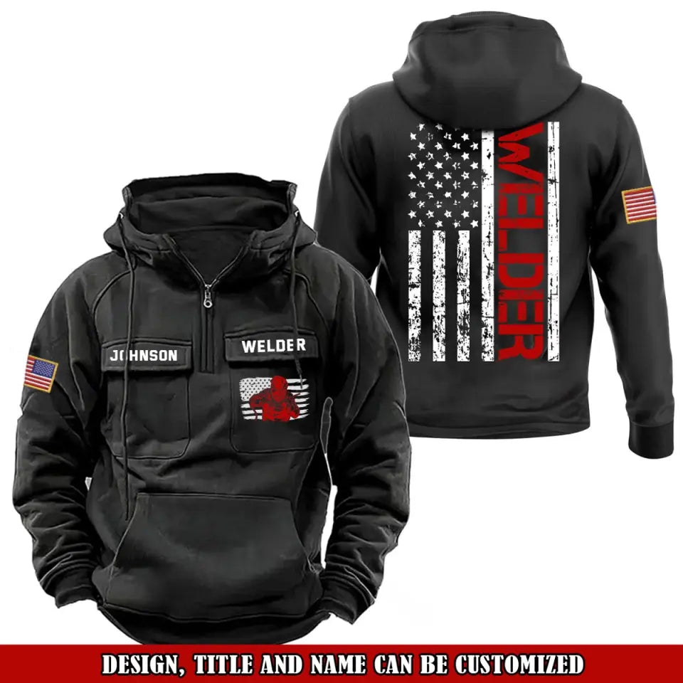 Personalized US Flag Welder Working Custom Name American Retro Hooded Sweatshirt Printed VQ241671