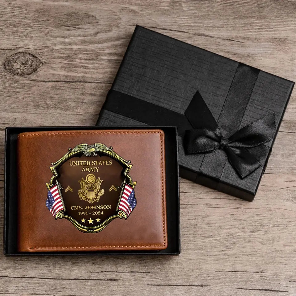 Personalized US Army Veteran Rank Gold Custom Name & Time Leather Wallet Printed AHHN241660