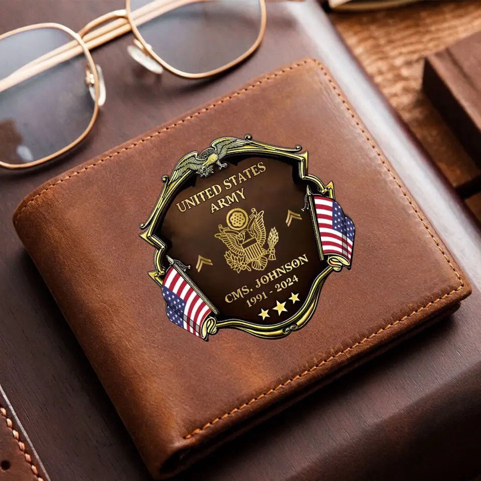 Personalized US Army Veteran Rank Gold Custom Name & Time Leather Wallet Printed AHHN241660