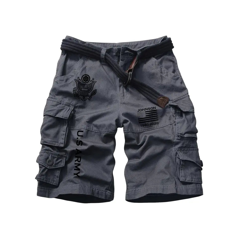 Personalized US Veteran Branch Logo Custom Name & Time Mens Cargo Shorts Casual Five-Point Overalls Short Pants - Retro Cargo Pants 2D Printed VQ241699