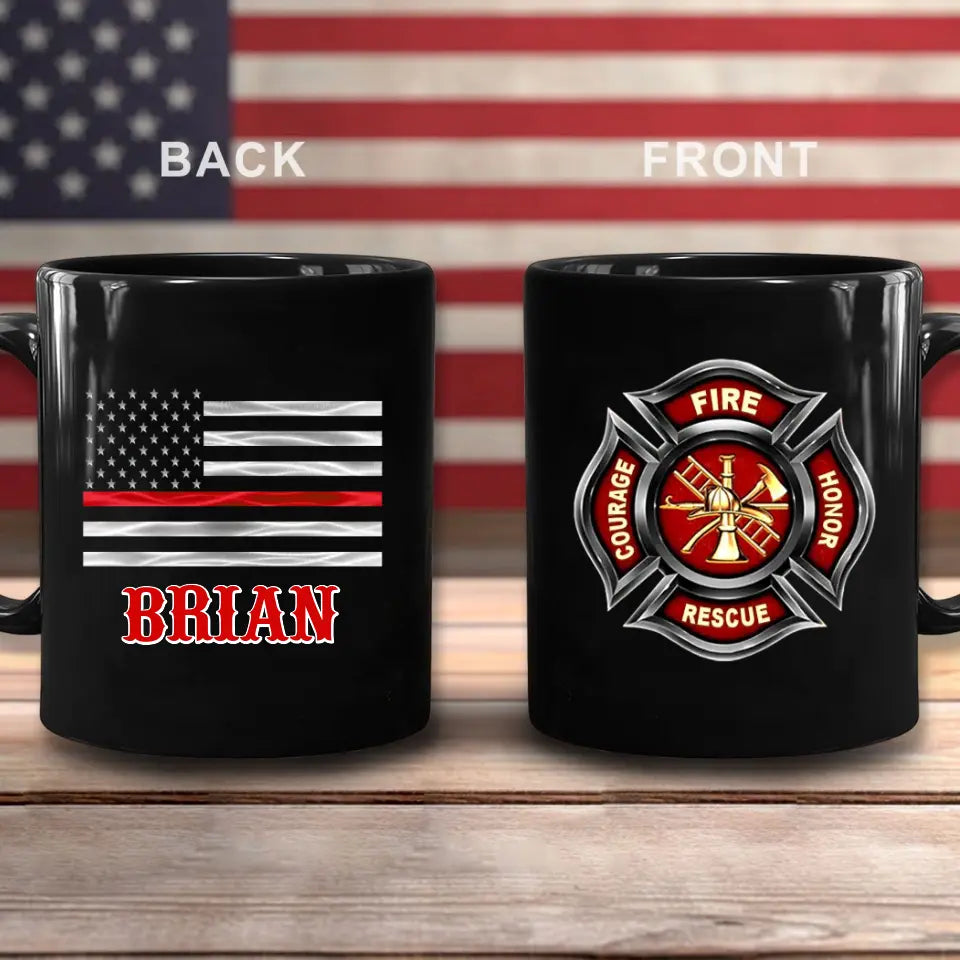 Personalized US Firefighter Logo Custom Name US Firefighter Flag Black Mug Printed QTVA241799