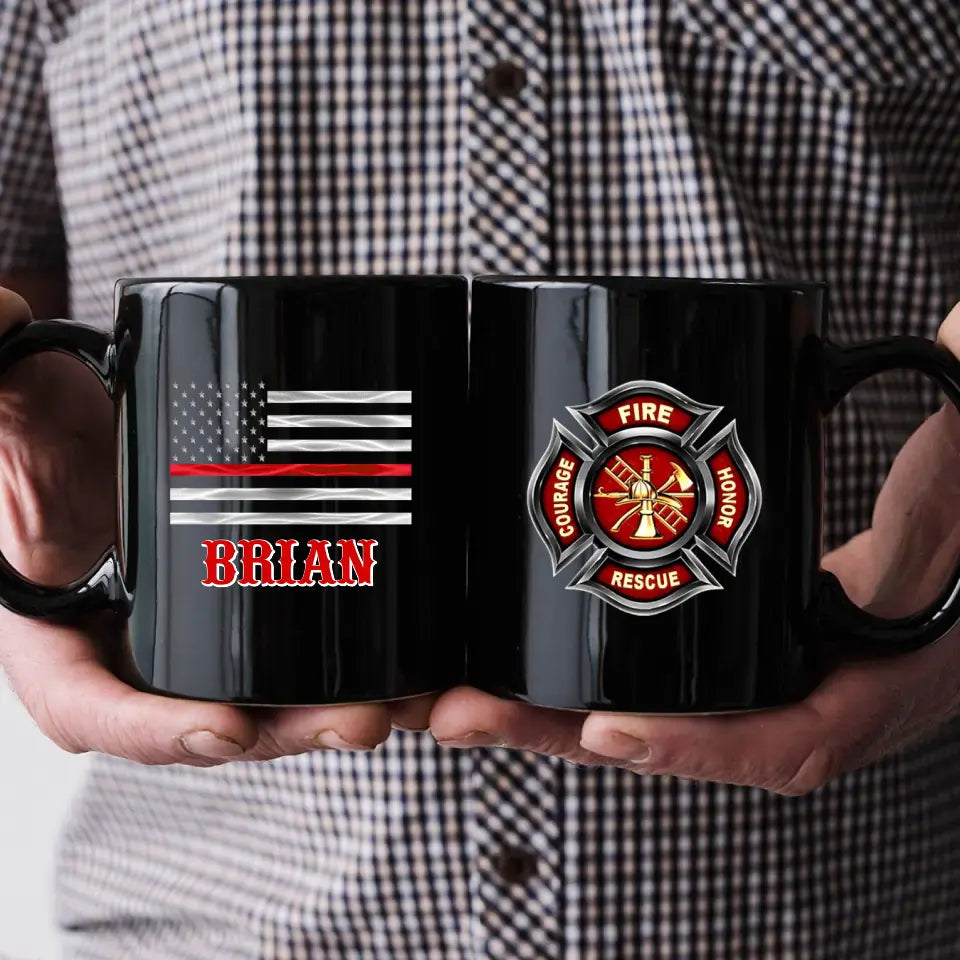 Personalized US Firefighter Logo Custom Name US Firefighter Flag Black Mug Printed QTVA241799