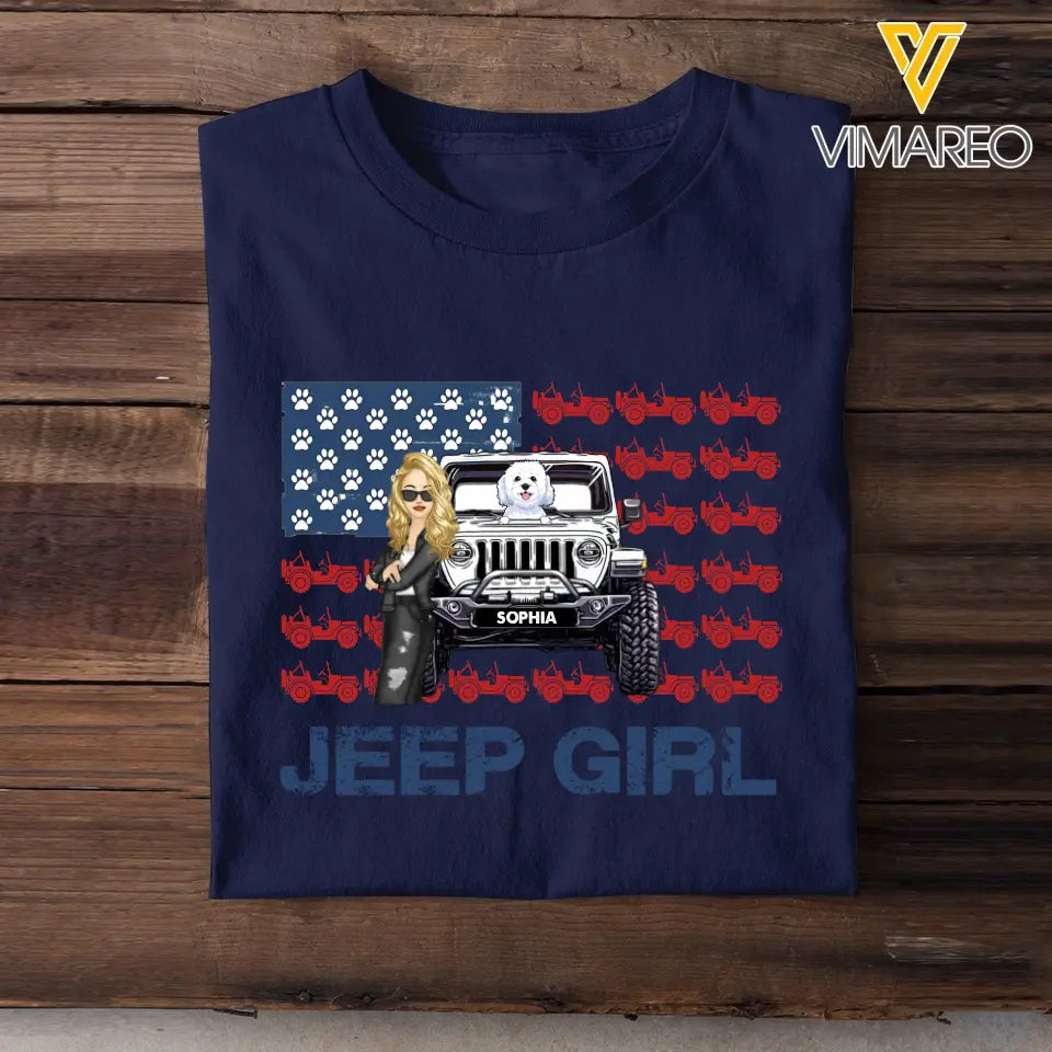 Personalized Jeep Girl & Dog US Flag Independence Day 4th July Gift T-shirt Printed VQ241657