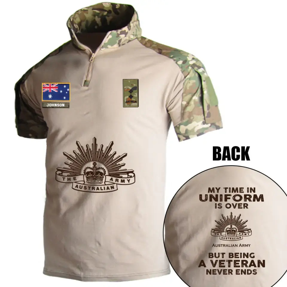 Personalized My Time In Uniform Is Over Australian Army But Being A Veteran Never Ends Australian Veteran Rank Camo Hiking Army Shirt Printed AHVQ241860
