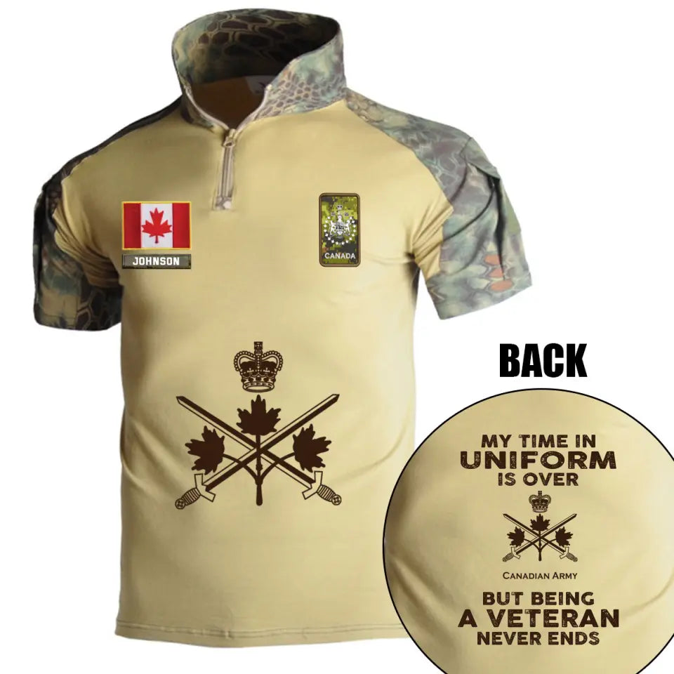 Personalized My Time In Uniform Is Over Canadian Army But Being A Veteran Never Ends Canadian Veteran Rank Camo Hiking Army Shirt Printed AHVQ241860