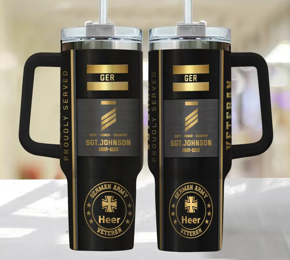 Personalized German Army Veteran Rank Gold & Name Proudly Served 40OZ Matte Tumbler With Handle Printed AHHN241876