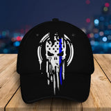 Personalized Skull Blue Line US Police Badge & Service Time Cap 3D Printed QTVQ241907