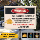 Personalized Warning This Property Is Protected By Australian Army Vetaran Who Has A Serious Lack Of Negotiating Skills But Is Absolute Hell In A Gunfight Metal Sign Printed AHVA241935