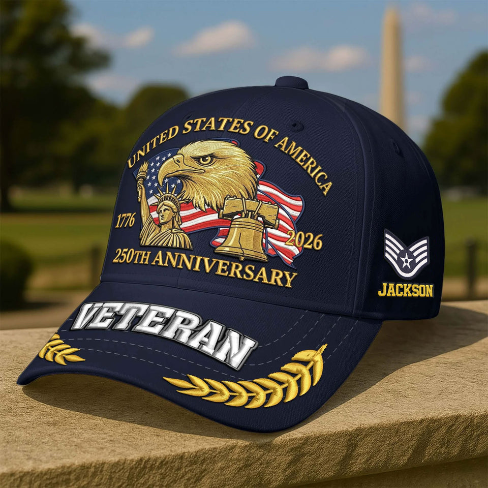 Personalized Premium America 250th Anniversary Embroidered US Veterans Hats C25032601, Gifts For U.S. Veterans, Gifts For Independence Day, Veterans Day.