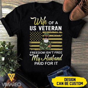PERSONALIZED WIFE OF A VETERAN BLACK TSHIRT PRINTED