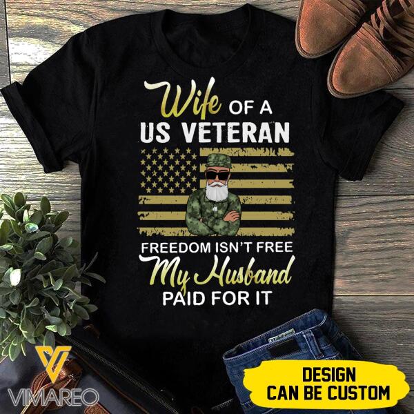 PERSONALIZED WIFE OF A VETERAN BLACK TSHIRT PRINTED