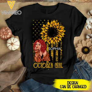 PERSONALIZED OCTOBER GIRL SUNFLOWER US FLAG TSHIRT TNMD0308