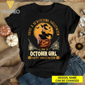 PERSONALIZED OCTOBER GIRL HAPPY HALLOWEEN  BLACK TSHIRT TNDT0508