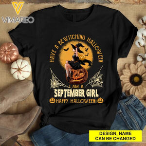 PERSONALIZED SEPTEMBER GIRL HAPPY HALLOWEEN BLACK TSHIRT TNDT0508