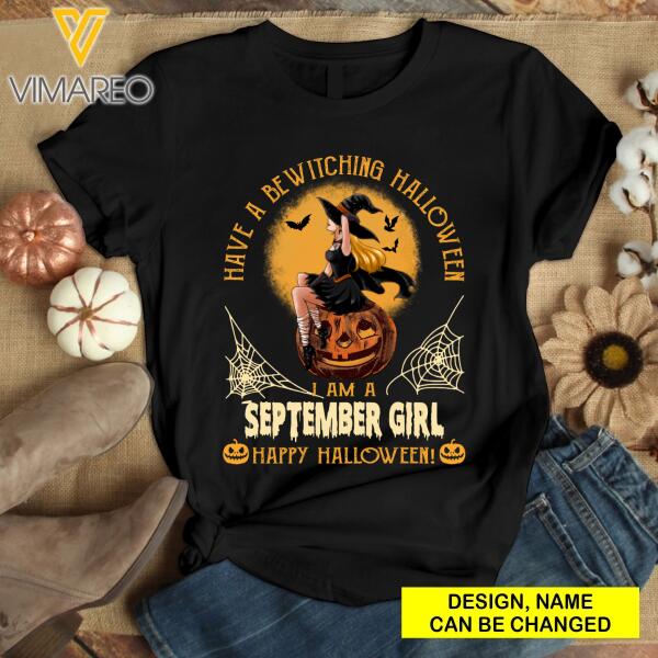 PERSONALIZED SEPTEMBER GIRL HAPPY HALLOWEEN BLACK TSHIRT TNDT0508