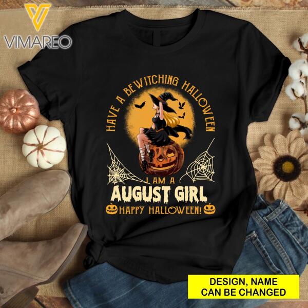 PERSONALIZED AUGUST GIRL HAPPY HALLOWEEN BLACK TSHIRT TNDT0508