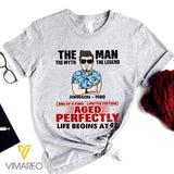 PERSONALIZED THE MAN AGED PERFECTLY LIFE BEGINS GREY TSHIRT TNTN1002