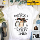 PERSONALIZED NUNCA SUBESTIMES A UNA DAMA QUE LE ENCANTAN LOS GATOS JUNIO TSHIRT QTTQ0504