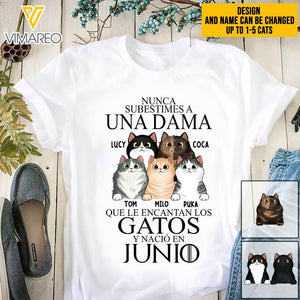 PERSONALIZED NUNCA SUBESTIMES A UNA DAMA QUE LE ENCANTAN LOS GATOS JULIO TSHIRT QTTQ0504