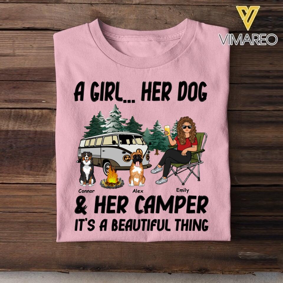Personalized A Girl Her Dog Her Camper It's A Beautiful Thing Tshirt Printed QTDT0906