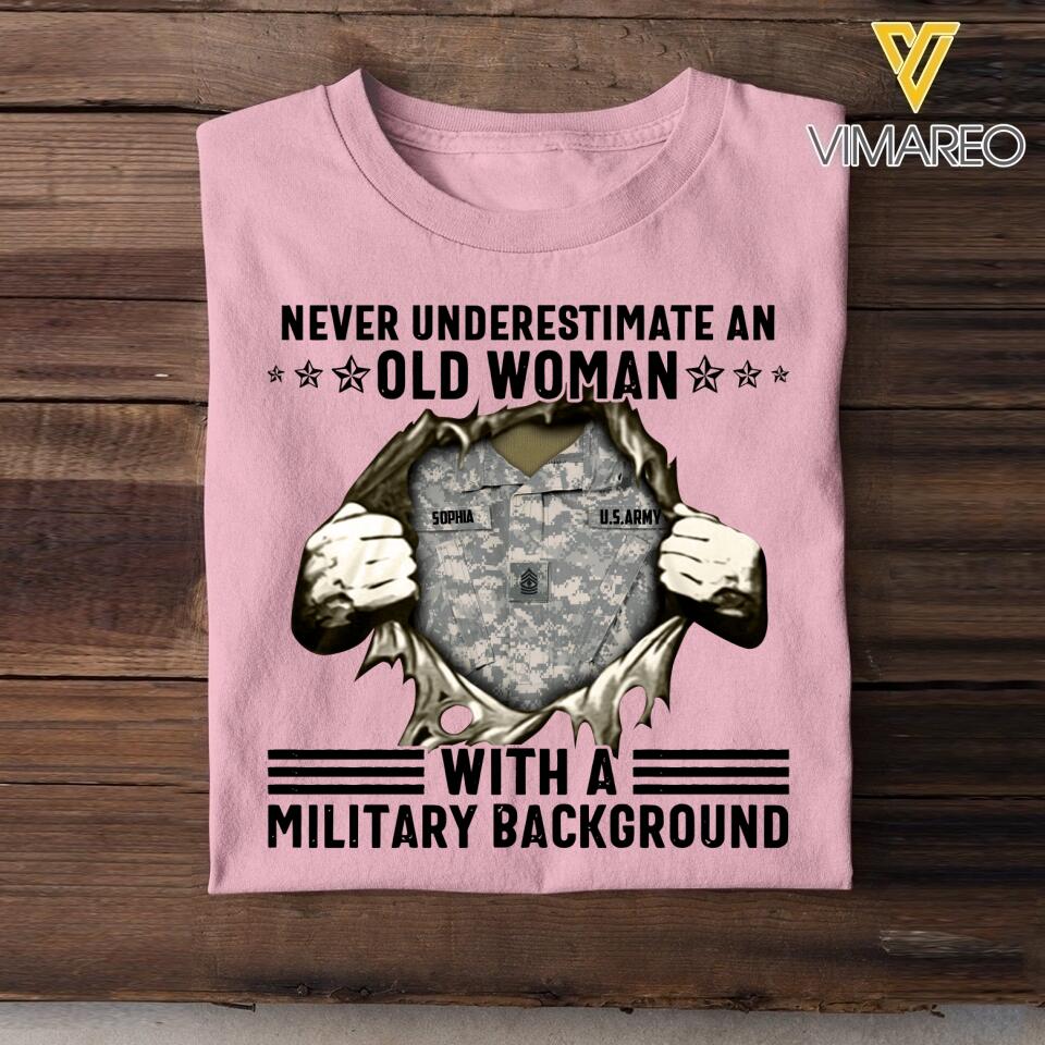 Personalized Never Underestimate An Old Woman With A Military Background Tshirt Printed QTVQ1706