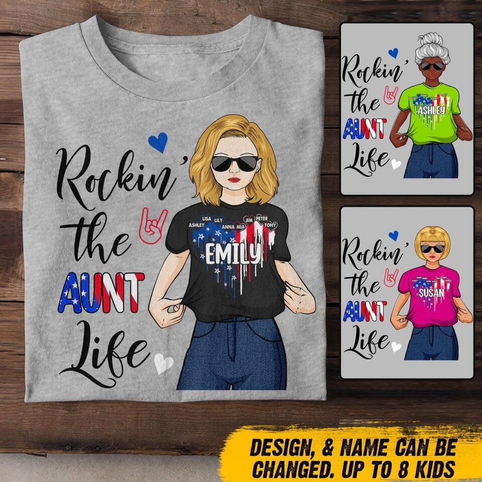 Personalized Rockin' The Aunt Life Flag Heart Tshirt Printed 22JUY-DT14