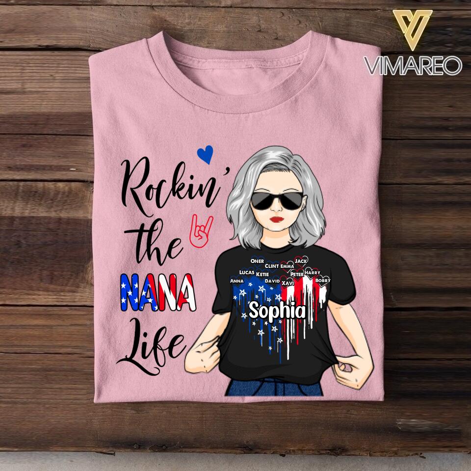 Personalized Rockin' The Nana Life Flag Heart Tshirt Printed 22JUY-DT14