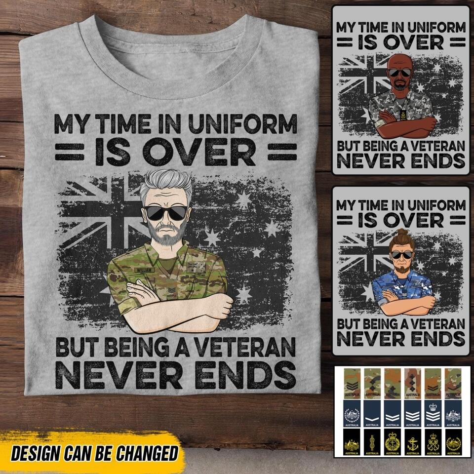 Personalized My Time In Uniform Is Over But Being A Australian Veteran Never Ends Tshirt Printed QTDT1907