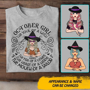 Personalized October Girl The Soul Of A Witch The Fire Of Lioness The Heart Of Hippie Tshirt Printed QTDT1508
