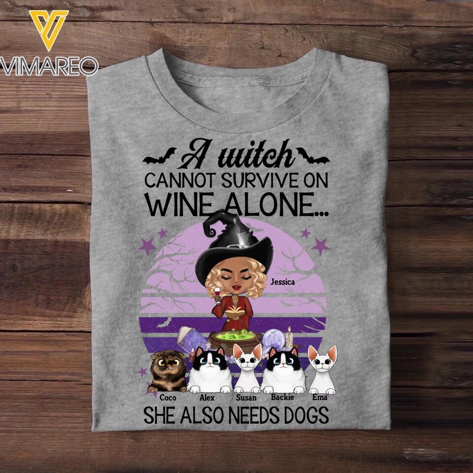 Personalized A Witch Cannot Survive On Wine Alone She Also Needs Cats Halloween Tshirt Printed QTMA0509