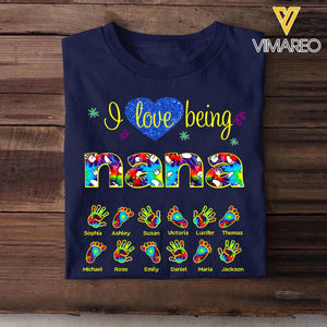 Personalized  I Love Being Nana Grandma Title Hand Foot Kid Name Tshirt Printed QTDT1609