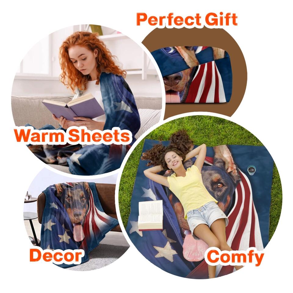Personalized Your Doberman Image US Flag Quilt Blanket Printed QTHQ0301