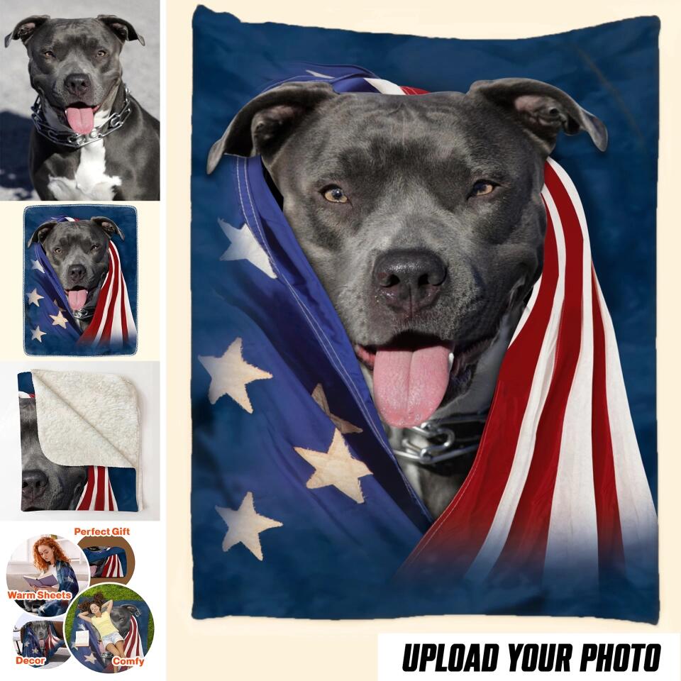 Personalized Your Pitbull Image US Flag Quilt Blanket Printed QTHQ0301