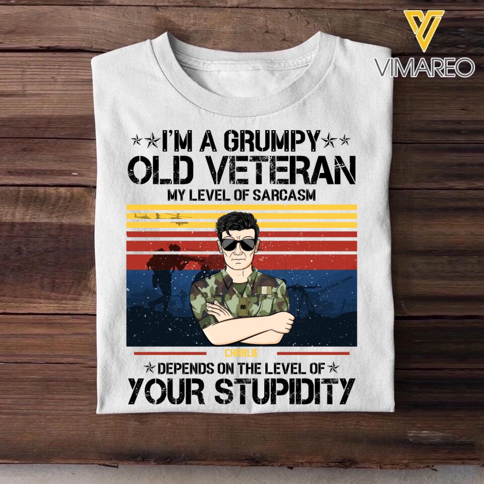 Personalized I'm A Irish Grumpy Old Veteran My Level Sarcasm Depends On The Level Of Your Stupidity Printed Tshirts 23JAN-HQ14