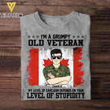 Personalized I'm A Grumpy Canadian Old Veteran My Level Of Sarcasm Depends On Your Level Of Stupidity Rank Camo Printed Tshirts 23FEB-DT02