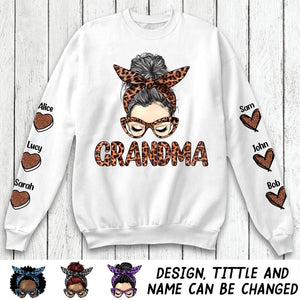 Personalized Messy Bun Hair Bow Tie Leopard Grandma With Grandkids Heart On Sleeve Sweater Shirt Printed 23FEB-VD02