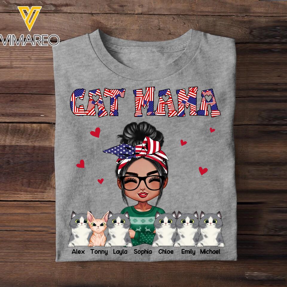 Personalized Cat Mom Fur Mama Cat Lovers Us Flag Tshirt Printed 23MAR-DT06