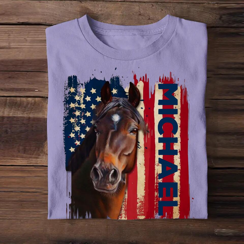 Personalized Horse US Flag Background Tshirt Printed 23MAR-DT29