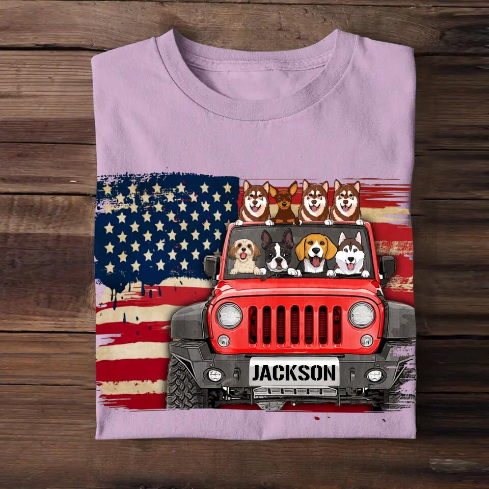 Personalized Dogs & Jeep US Flag Background Tshirt Printed 23APR-DT05