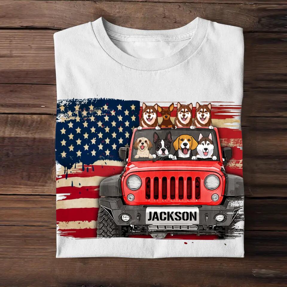 Personalized Dogs & Jeep US Flag Background Tshirt Printed 23APR-DT05