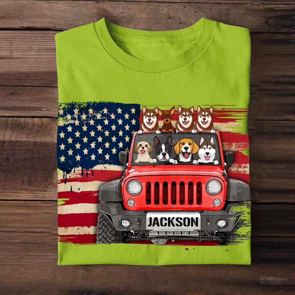 Personalized Dogs & Jeep US Flag Background Tshirt Printed 23APR-DT05