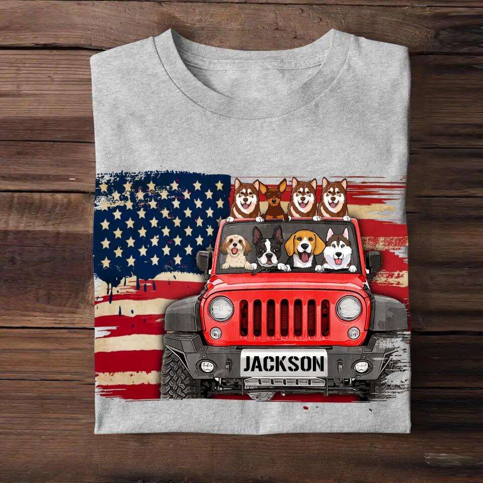 Personalized Dogs & Jeep US Flag Background Tshirt Printed 23APR-DT05