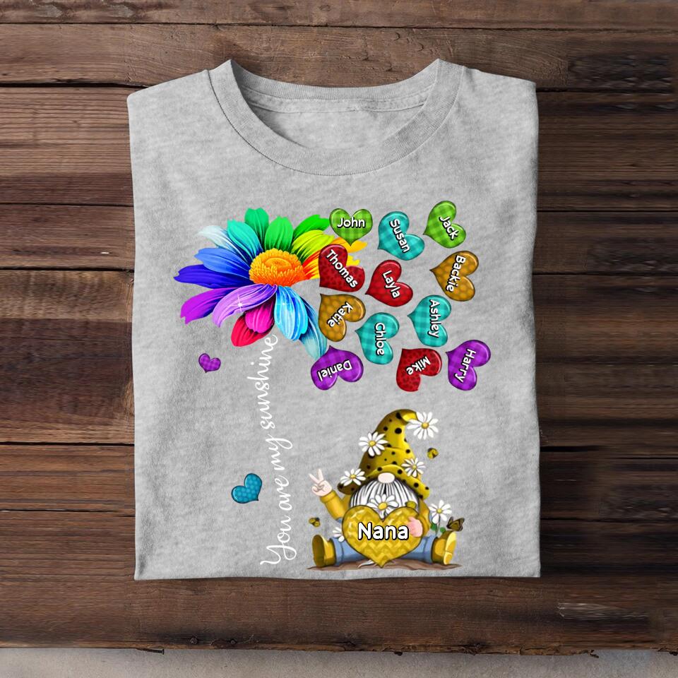 Personalized You Are My Sunshine Grandma Nana Aunt Sunflower Kid Name Heart Tshirt Printed QTPN1104