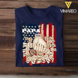 Personalized Papa US Flag Background Hands With Kid Name Printed Tshirts 23APR-BQT20
