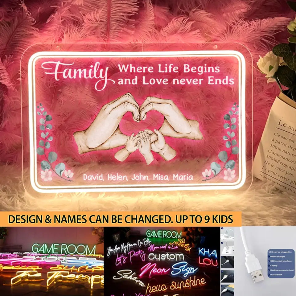 Personalized Family Where Life Gegins And Love Never Ends Heart Hand Neon Led Sign Printed PNPN2804
