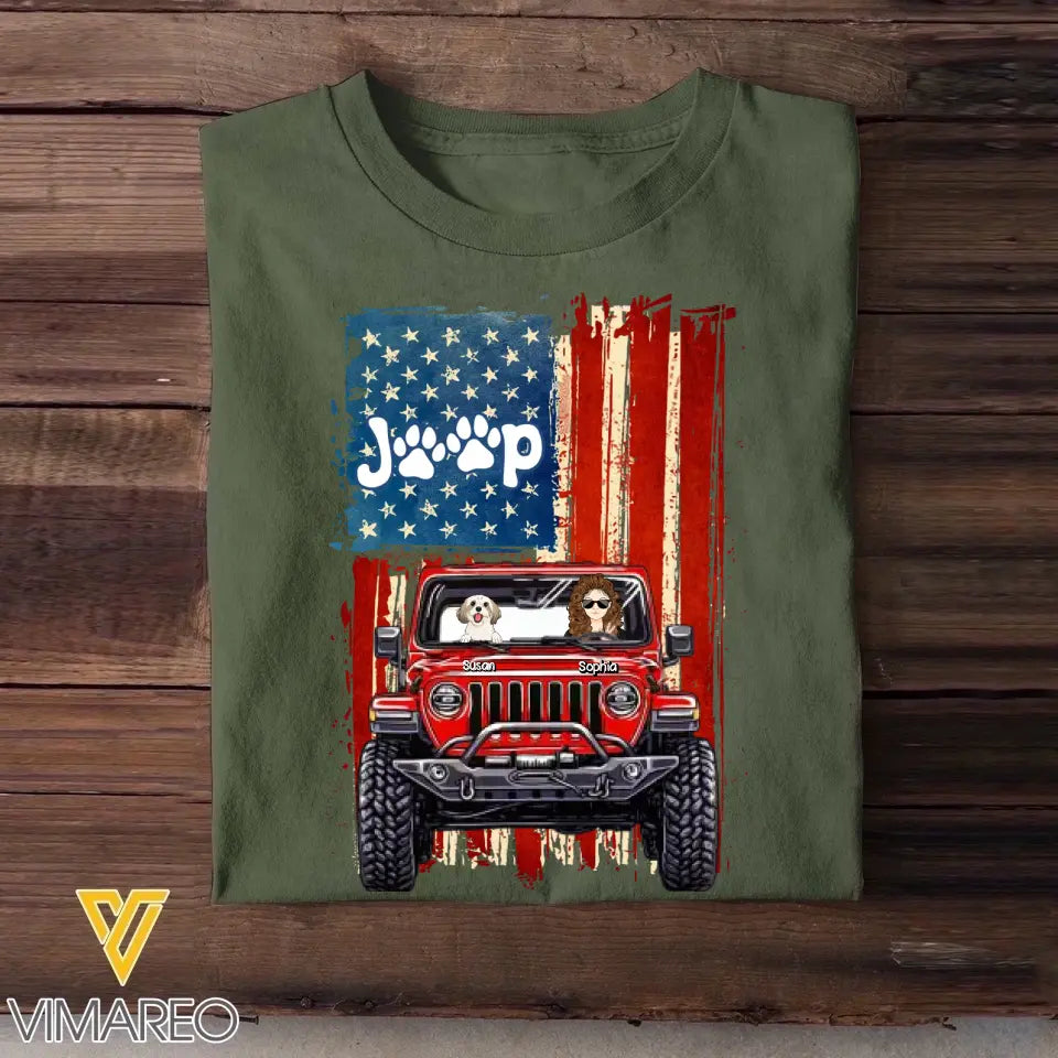 Personalized Jeep US Flag & Dog Mom Dog Lovers Gift Tshirt Printed QTPN0905