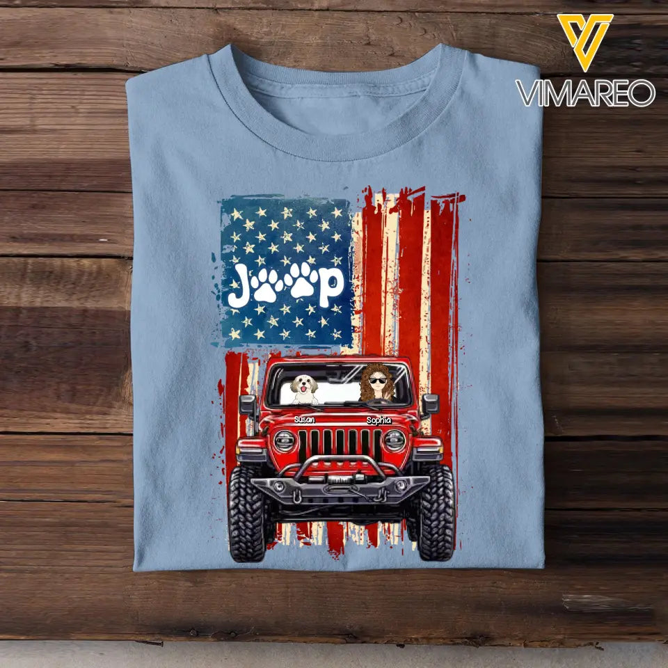 Personalized Jeep US Flag & Dog Mom Dog Lovers Gift Tshirt Printed QTPN0905